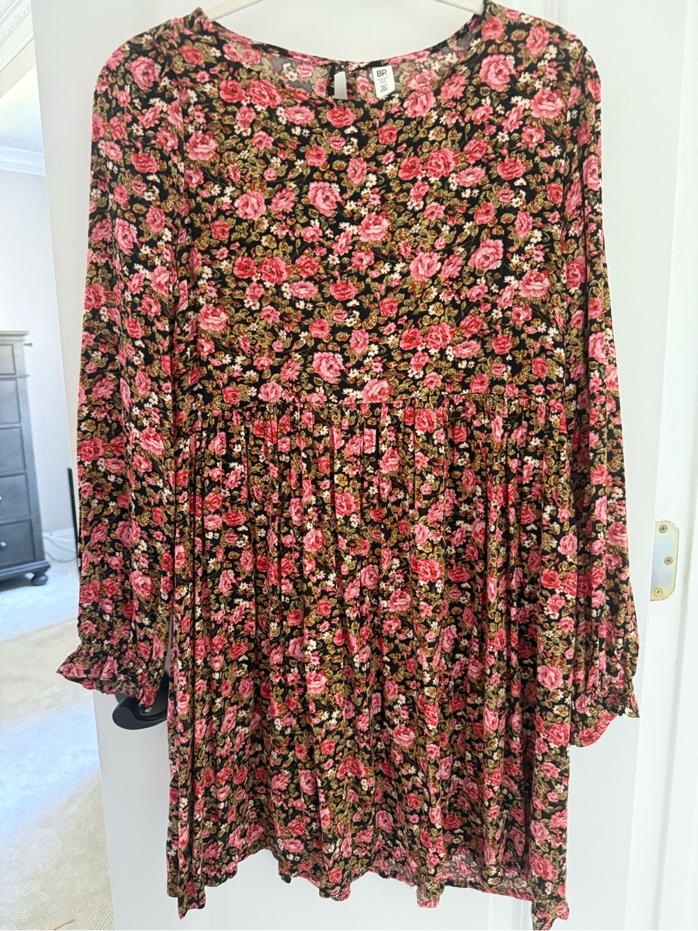 bp Black Floral Tiered Long-Sleeve Babydoll Dress with Pink Roses
